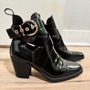 Black Patent Leather Ankle Boots with Silver Buckle Size 7.5
